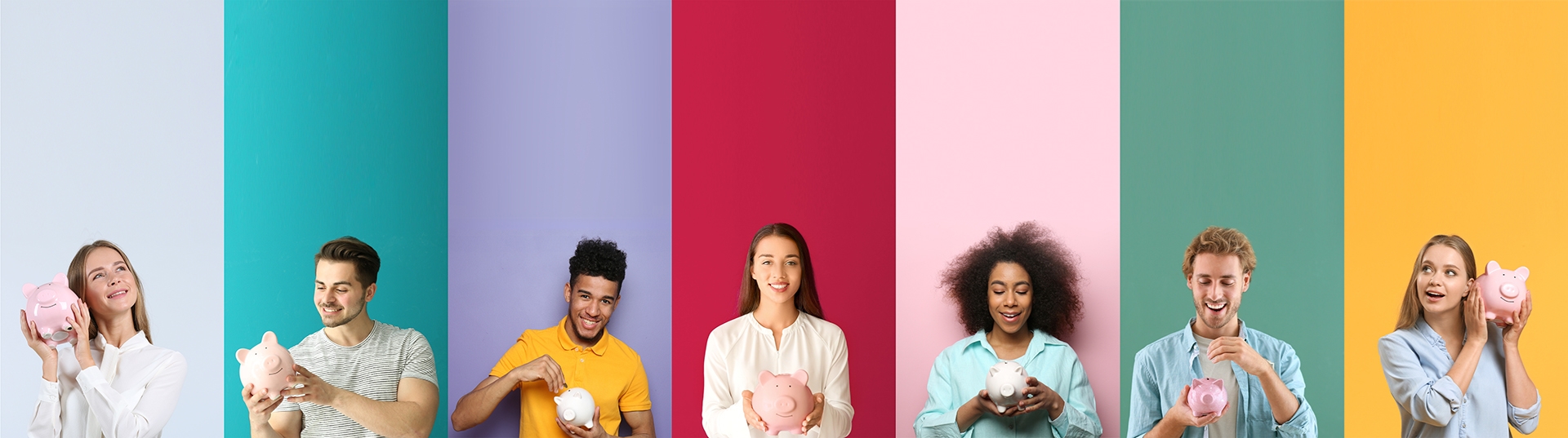 different people holding piggy banks